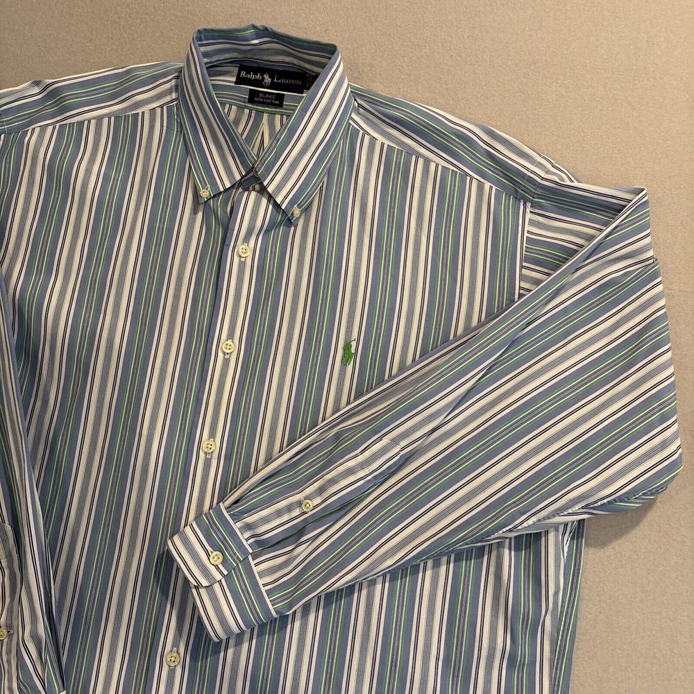 Ralph Lauren LARGE‎ Blake Cotton Blue/Green Stripe Button Down Men's EXCELLENT